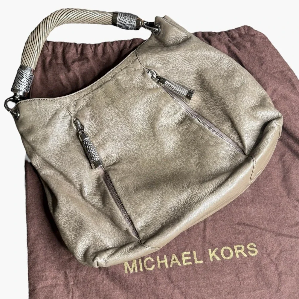 Michael Kors Tonne‎ Shoulder Bag Hobo Taupe Leather Designer Purse Handbag